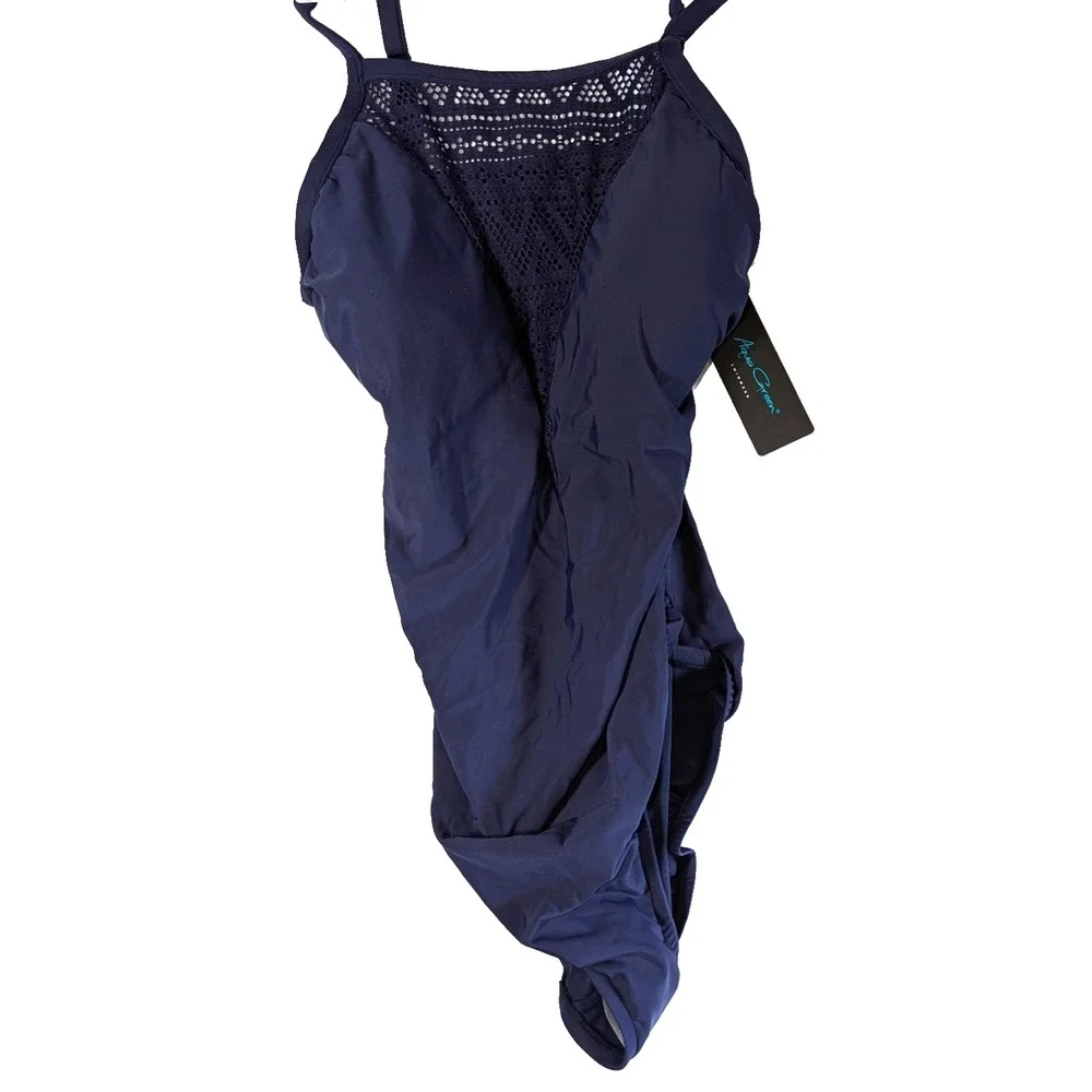 Womens Crochet High Neck One Piece Swimsuit - AquaGreen True Navy L NWT